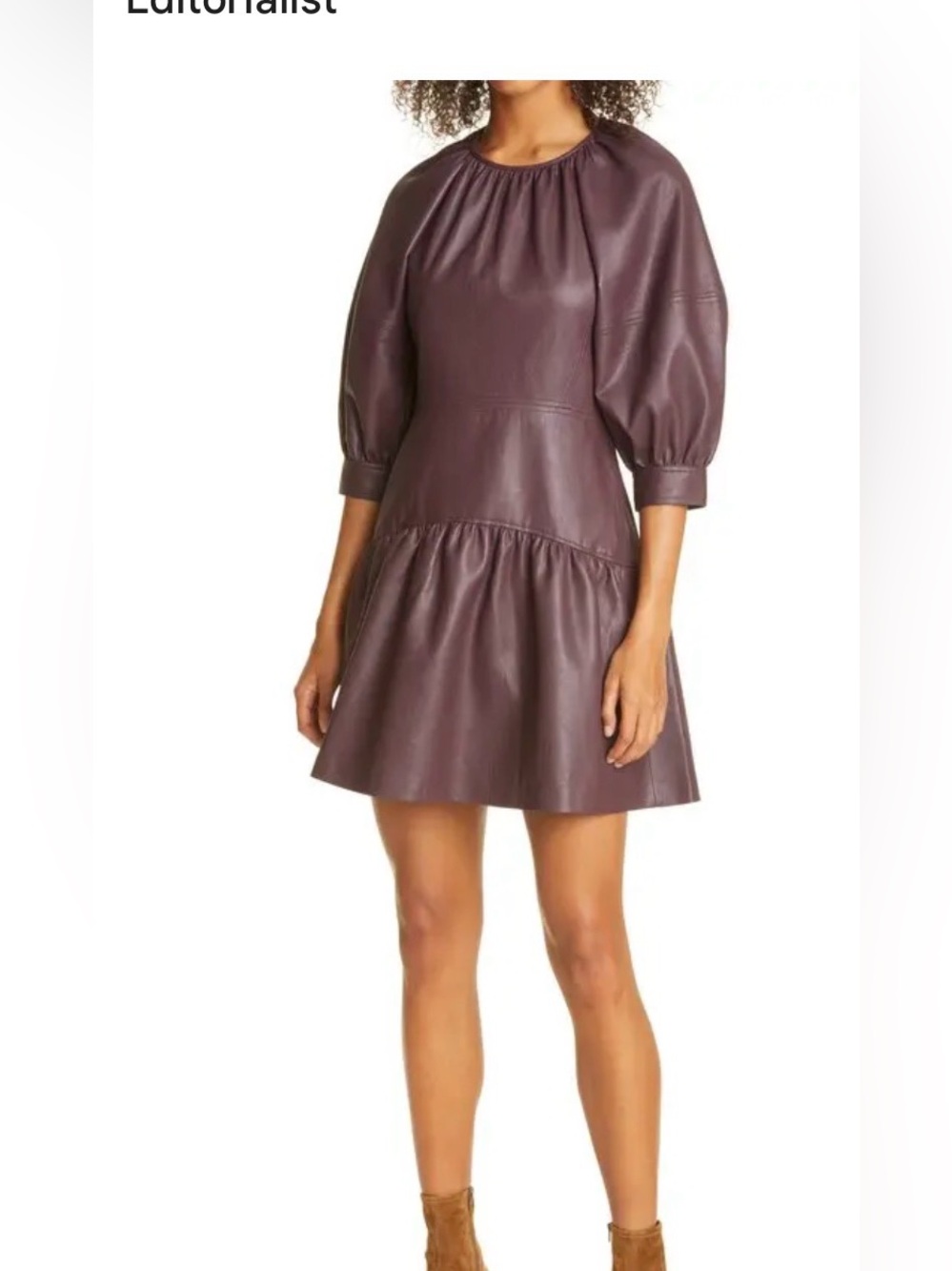 Rebecca Taylor Brown Leather Puff-Sleeve Dress